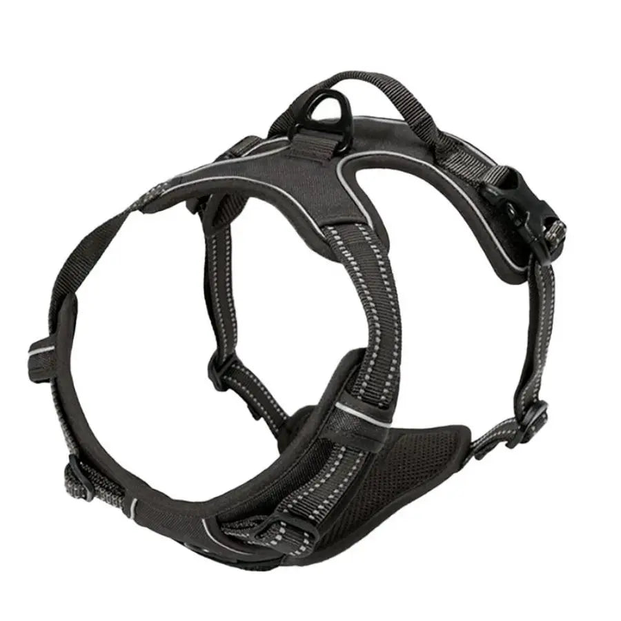Black dog harness with reflective stitching and secure buckles for comfortable, controlled walks