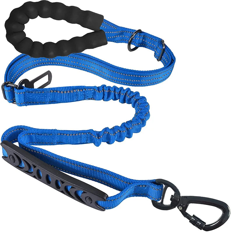 Blue dog leash with shock-absorbing bungee, padded handle, and secure clip for comfortable walks