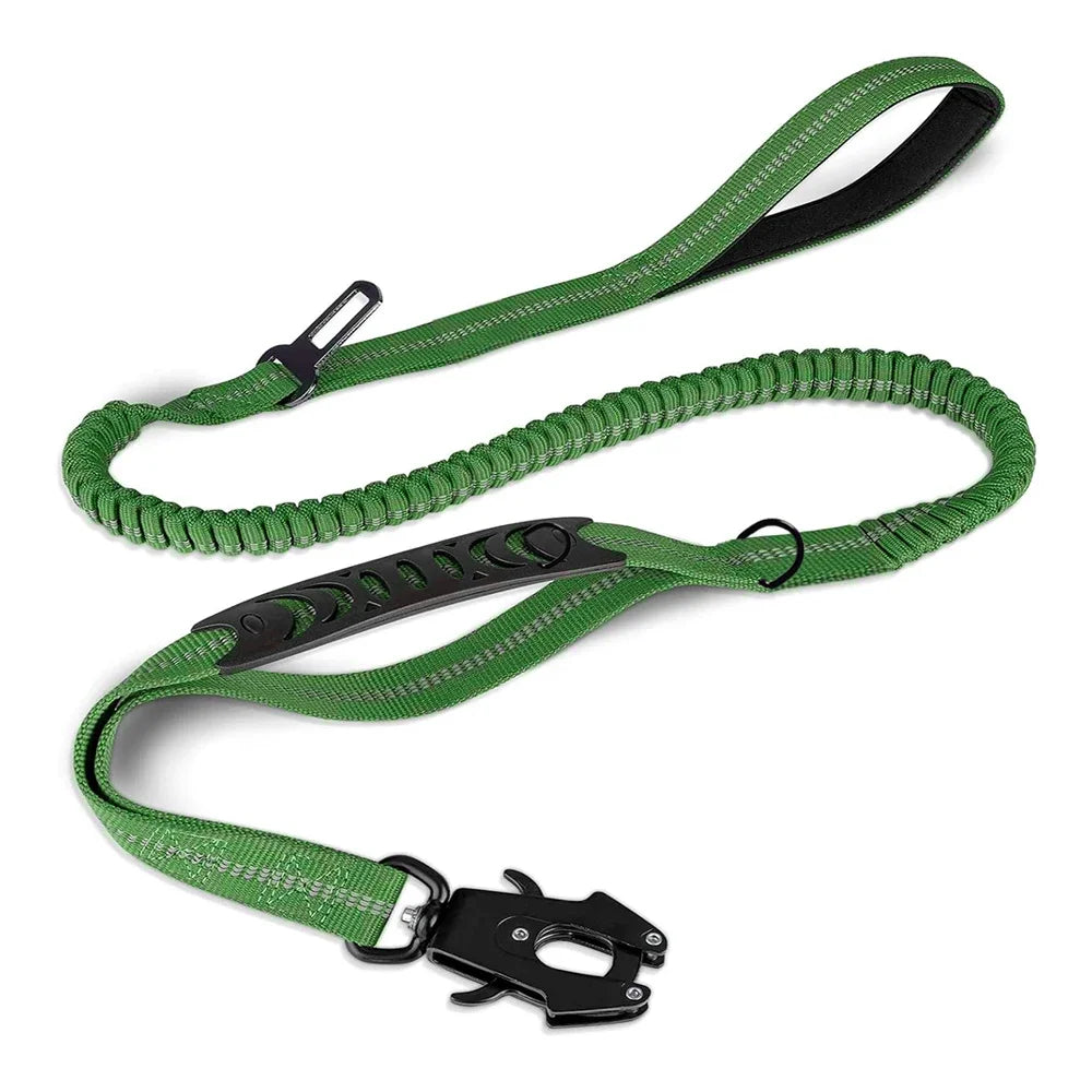 Green dog leash with shock-absorbing bungee, reflective stitching, and secure metal clip for controlled walks