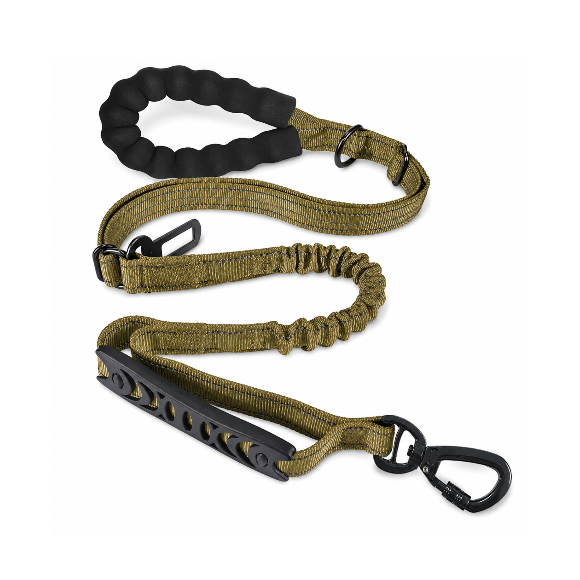 Olive dog leash with padded handle, shock-absorbing bungee, and secure clip for comfortable walks