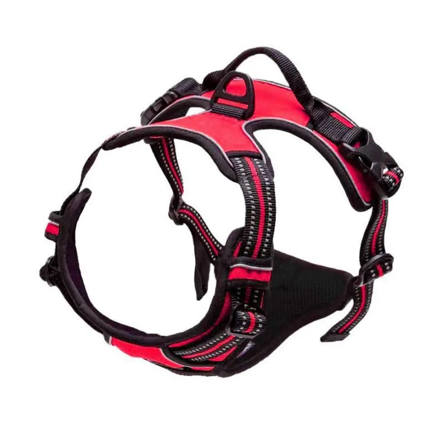Red and black dog harness with reflective strips and secure buckles for comfortable walks