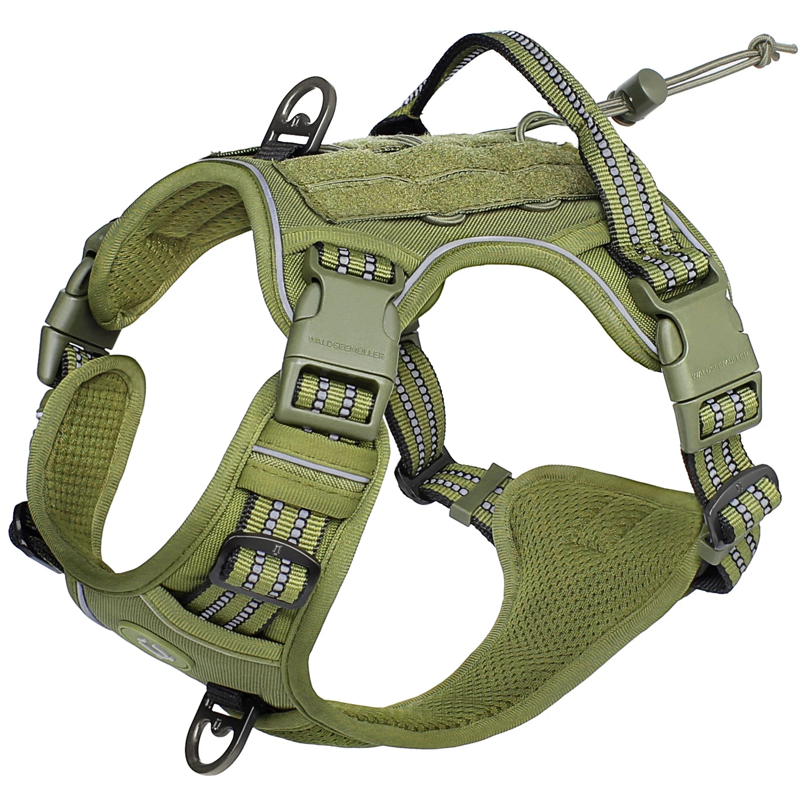 Olive green dog harness with reflective strips, padded straps, and secure buckles for comfortable walks