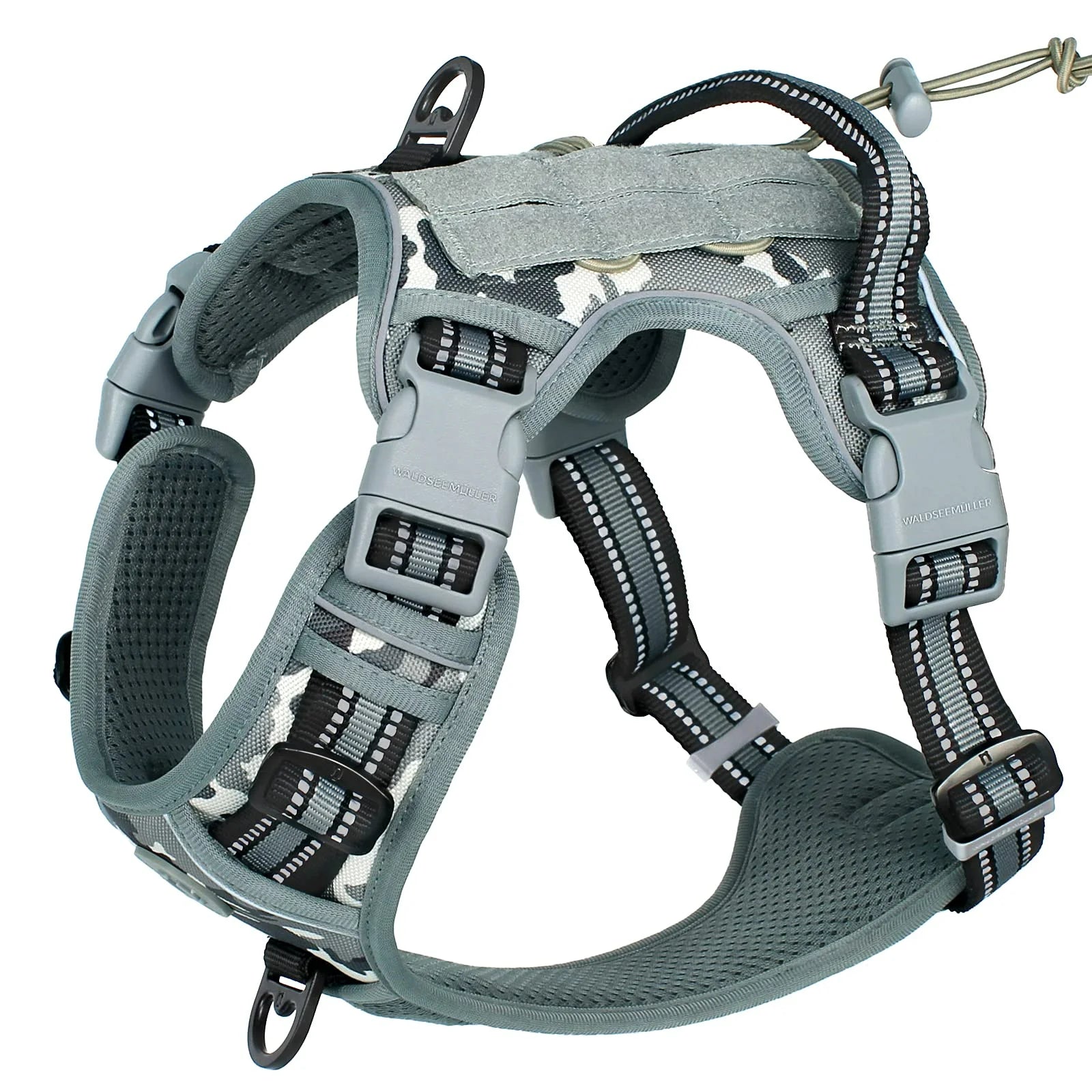 Gray camouflage dog harness with reflective strips, padded mesh, and secure buckles for comfortable walks