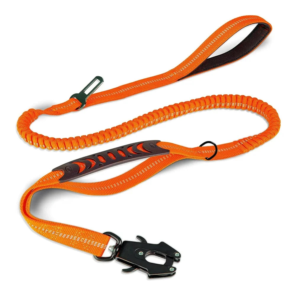 Orange dog leash with shock-absorbing design and secure clip for comfortable walks