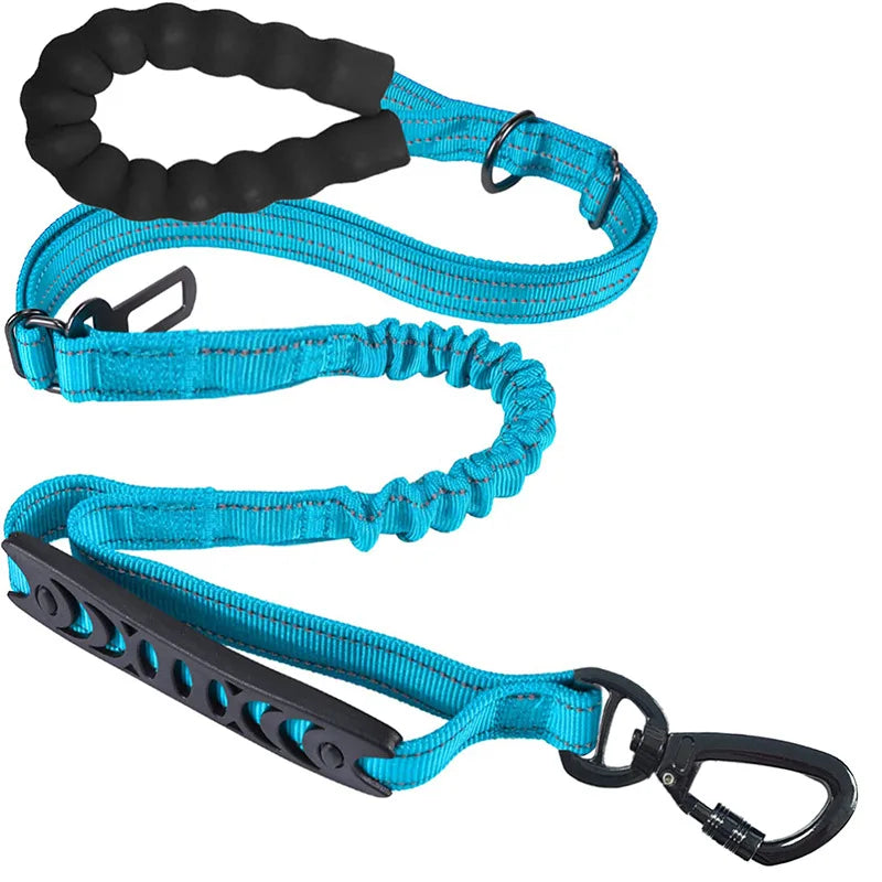 Blue dog leash with shock-absorbing bungee, padded handle, and secure clip for comfortable walks