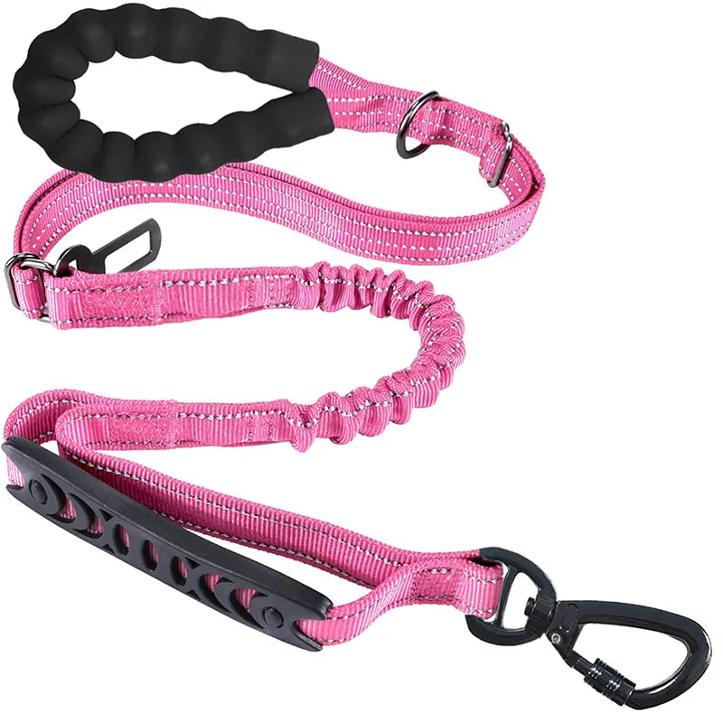 Pink dog leash with shock-absorbing bungee, padded handle, and secure clip for comfortable walks