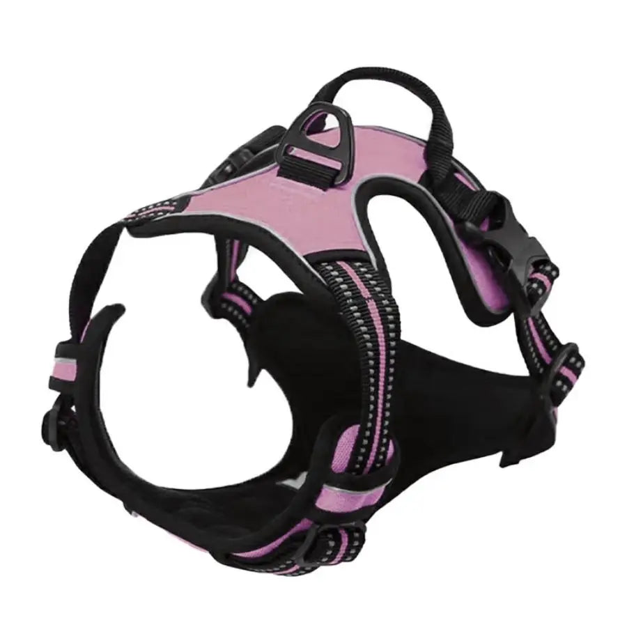 Pink and black dog harness with reflective strips and secure buckles for comfortable walks