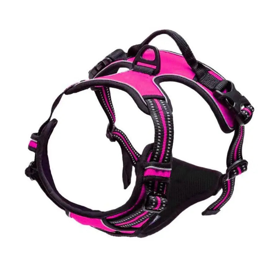 Pink and black dog harness with reflective stripes and secure buckles for safe walks