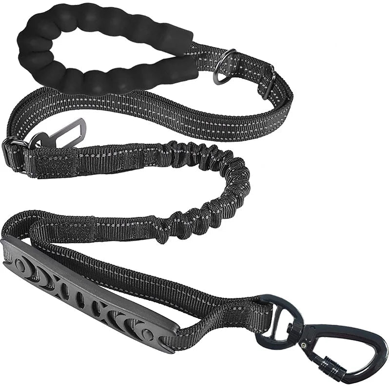 Black dog leash with padded handle, shock-absorbing bungee, and secure carabiner clip for controlled walks