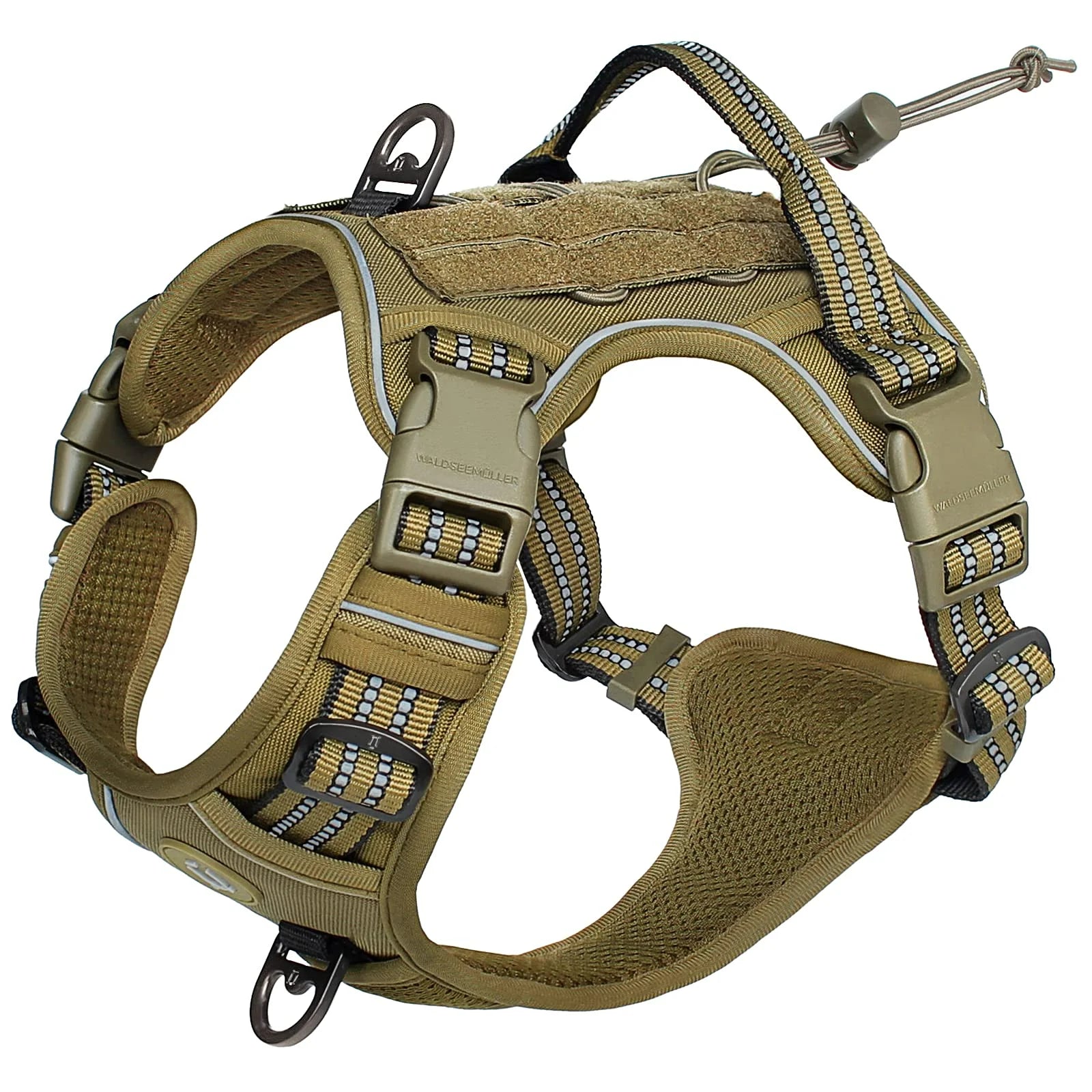 Tan dog harness with reflective stripes, secure buckles, and padded chest for comfortable walks