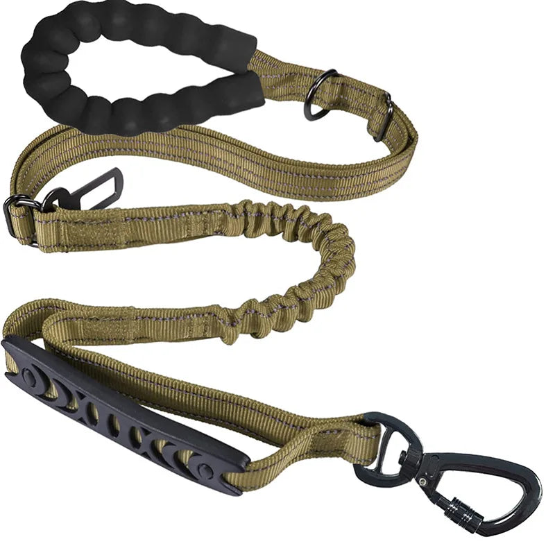 Olive dog leash with padded handle, shock-absorbing bungee, and secure carabiner clip for comfortable walks