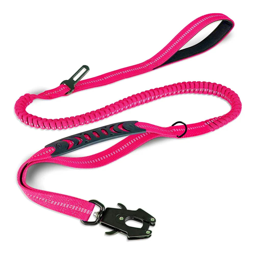 Pink dog leash with shock-absorbing design and secure clip for comfortable walks