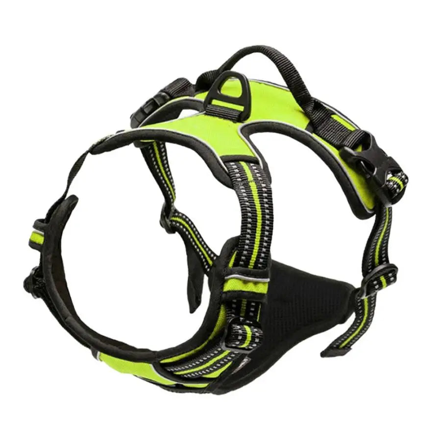 Bright green and black dog harness with reflective strips and secure buckles for safe walks