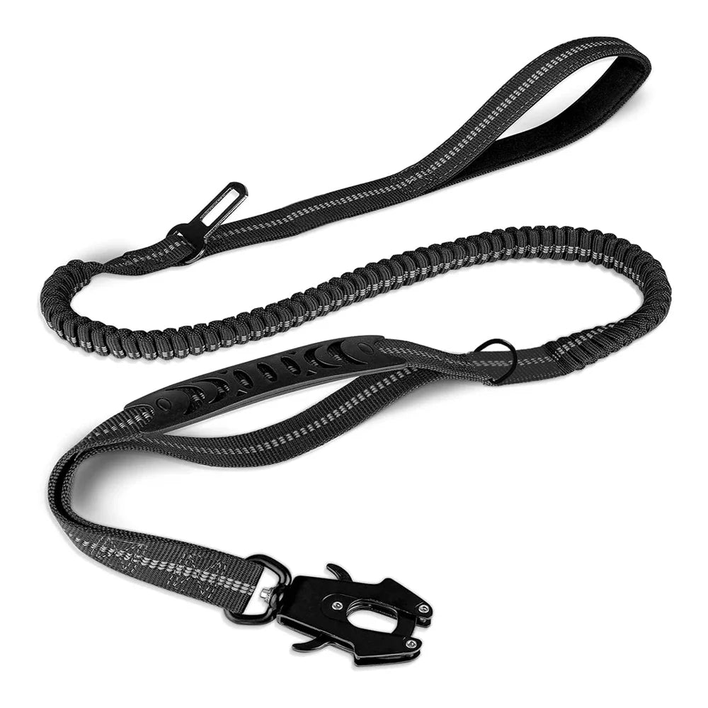 Black shock-absorbing dog leash with reflective stitching and secure metal clip for controlled walks