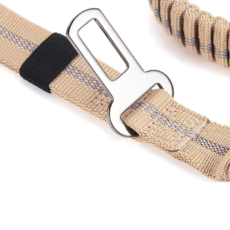 Beige dog harness with reflective stripes and secure metal buckle for safe walks