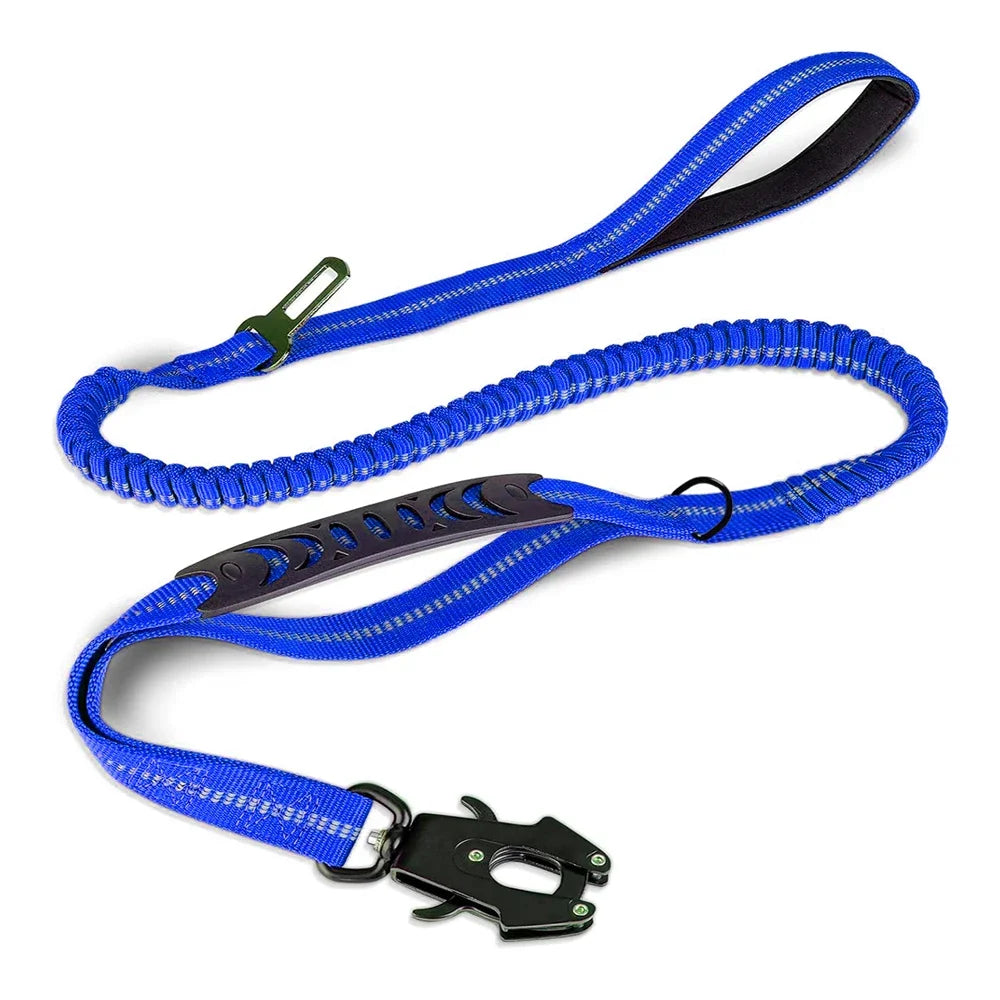Blue shock-absorbing dog leash with reflective stitching and secure metal clip for controlled walks