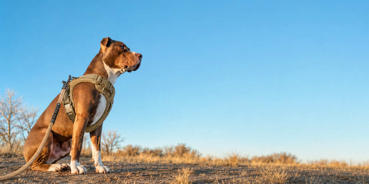 Brown and white dog wearing a tan harness and leash, sitting outdoors under a clear blue sky.