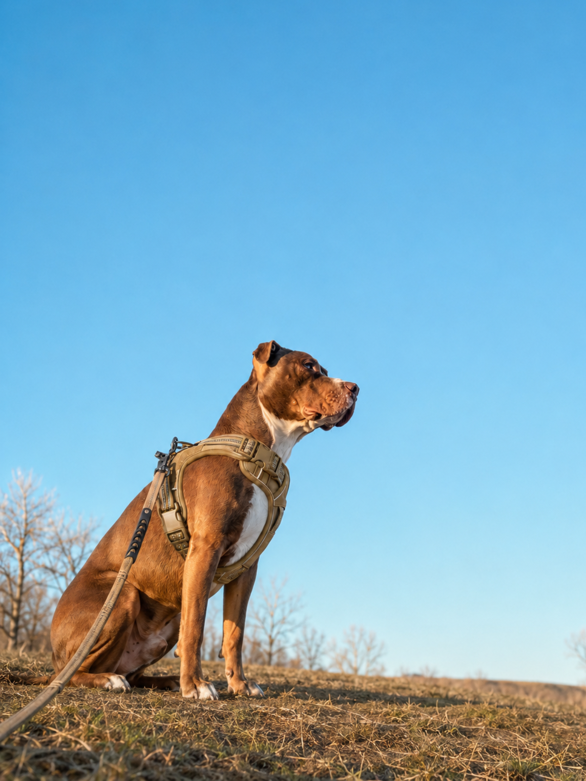 Dog wearing secure harness and lead, sitting outdoors under blue sky for comfortable walks