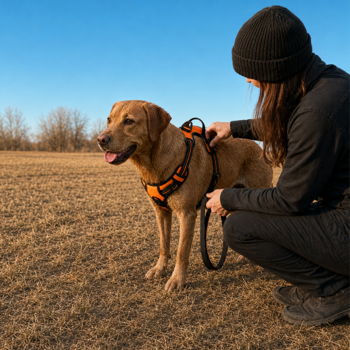 Woman adjusting orange dog harness on happy Labrador in field, perfect for comfortable walks