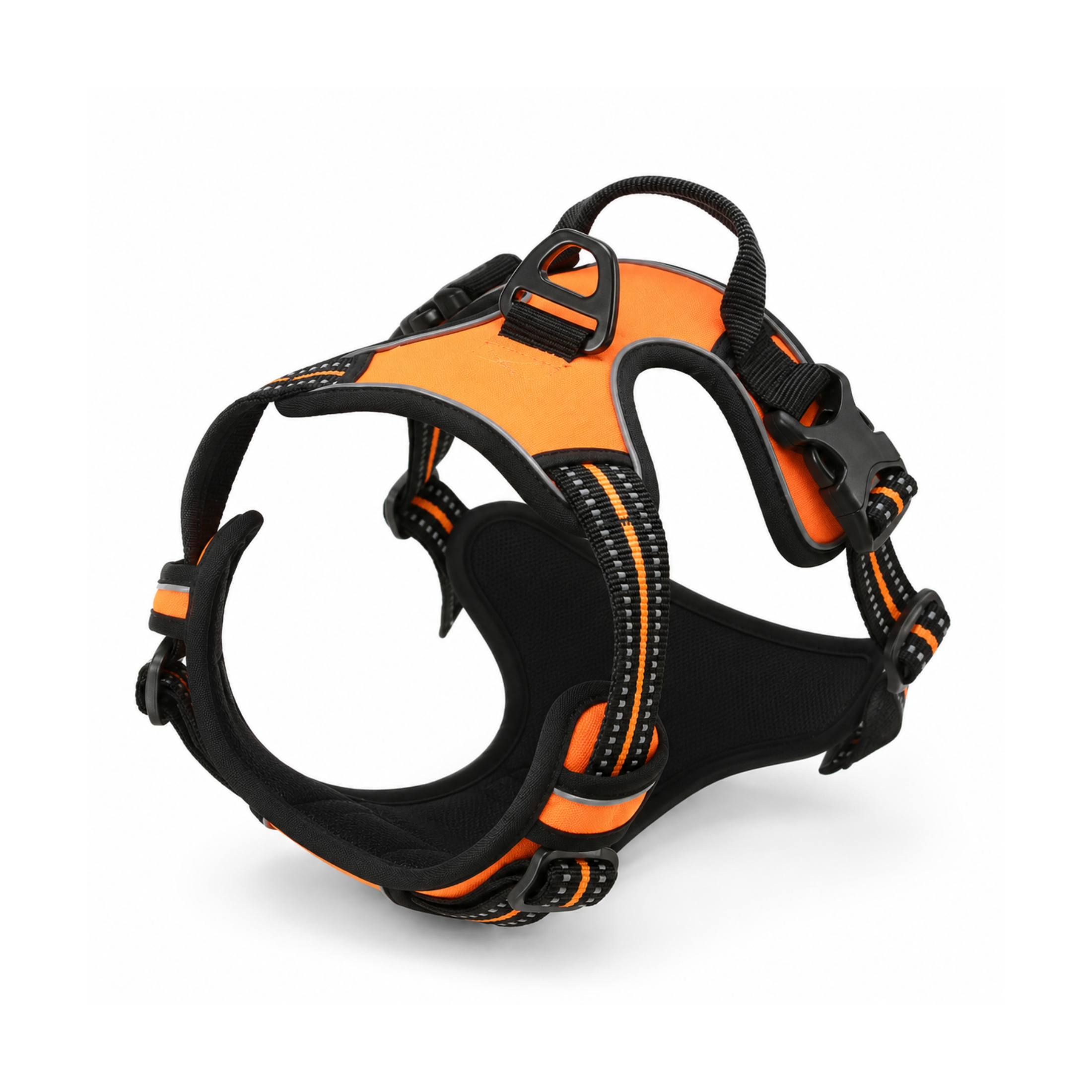 Orange and black dog harness with reflective strips and secure buckles for safe walks