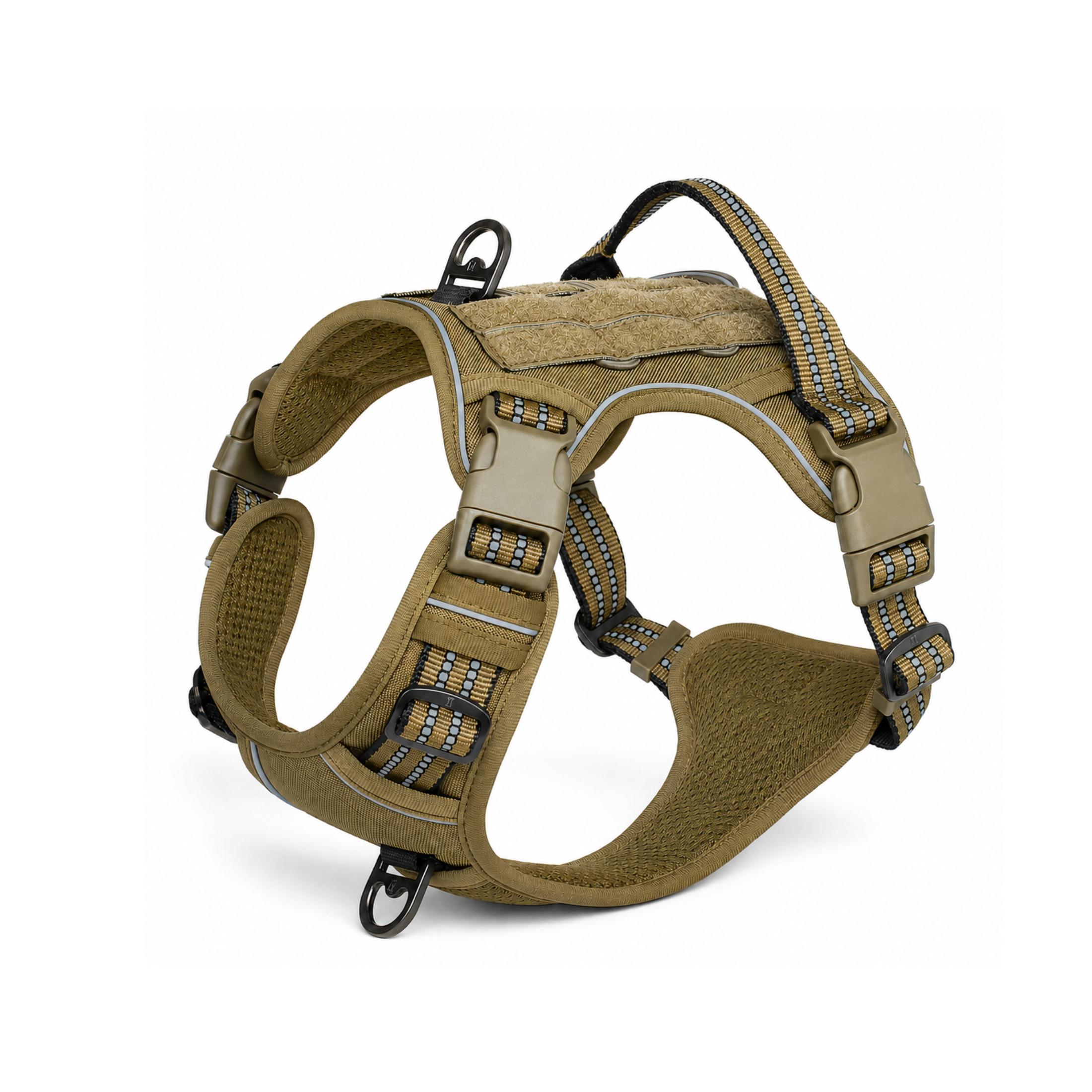 Tan dog harness with reflective stripes, padded chest, and secure buckles for comfortable walks